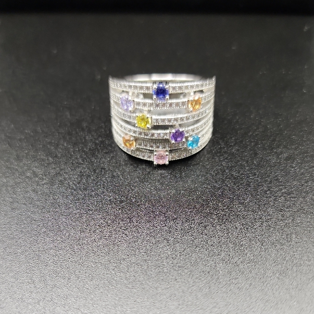 JTV Multicolor Gemstone Rhodium Over Sterling Silver Ring Size 8